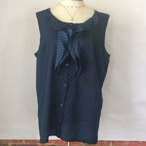Loft Navy & Black Plaid Blouse with Ruffles